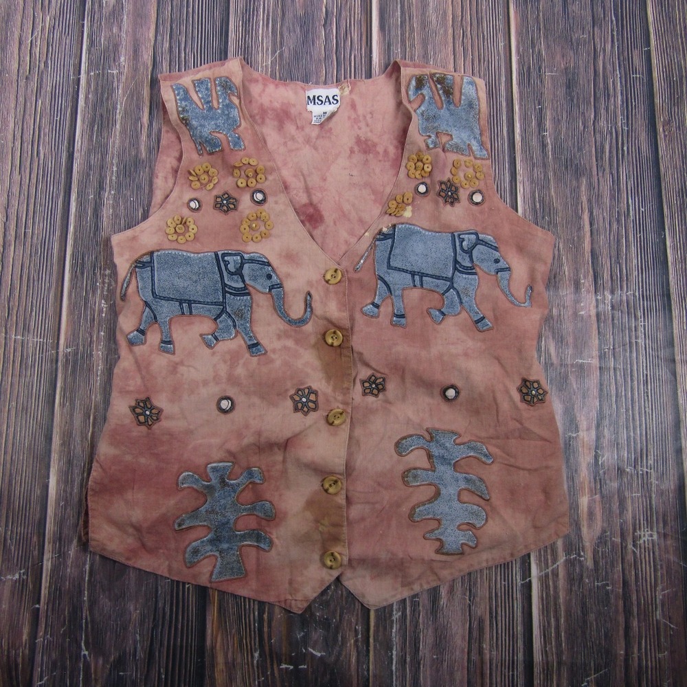 MSAS Vest Womens M Pink Elephant Embroidered Button Front Belted Boho Hippie